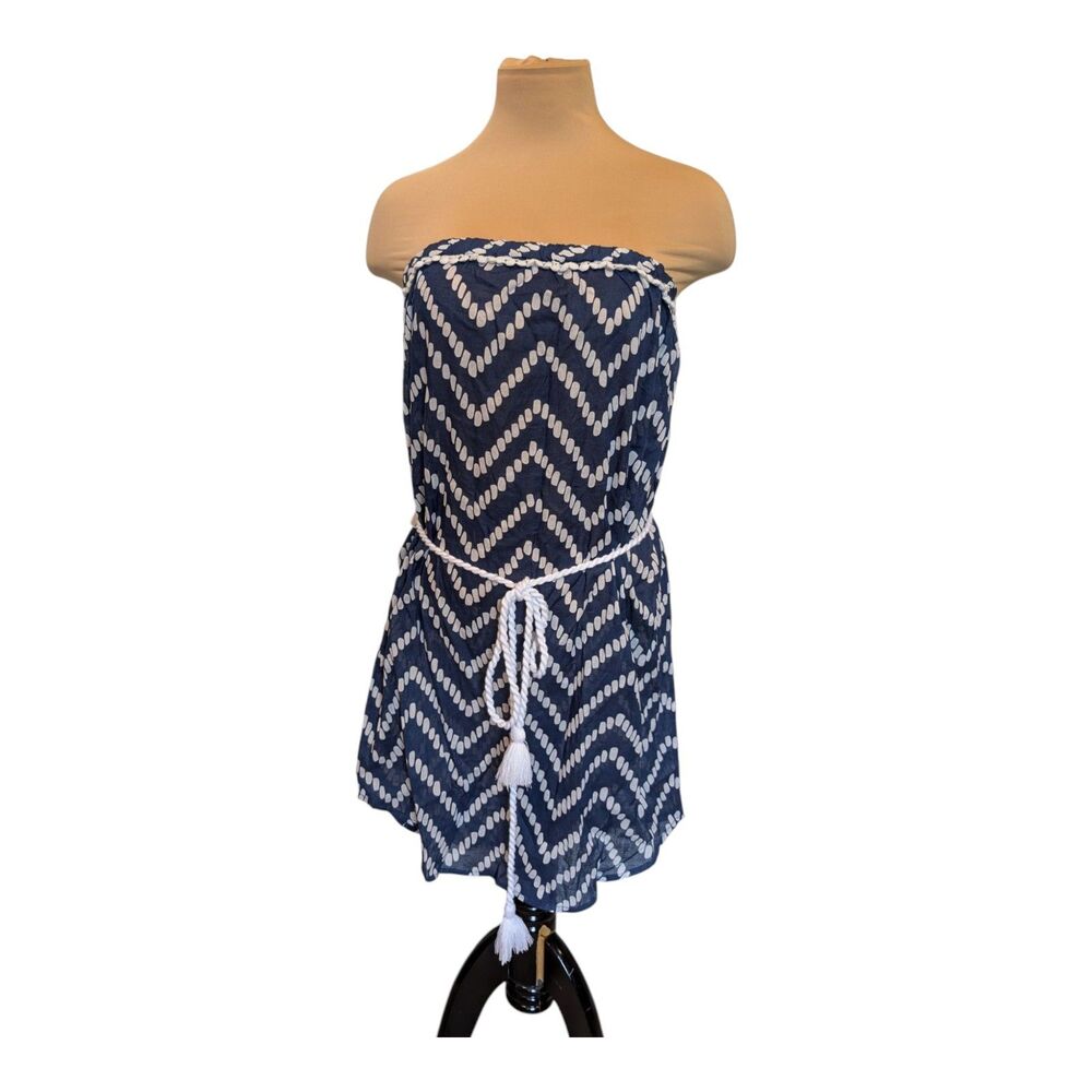 Mud Pie Navy Blue & White Cherokee ZigZag Allison Strapless Cover-Up Medium New